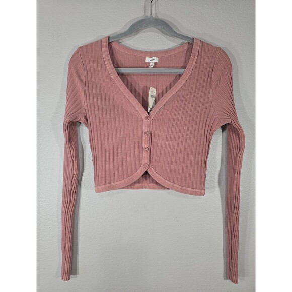 Aerie Sweaters - Aerie Cropped Ribbed Fitted Button Up Pink Cardigan Womens Size Medium NWT AC
